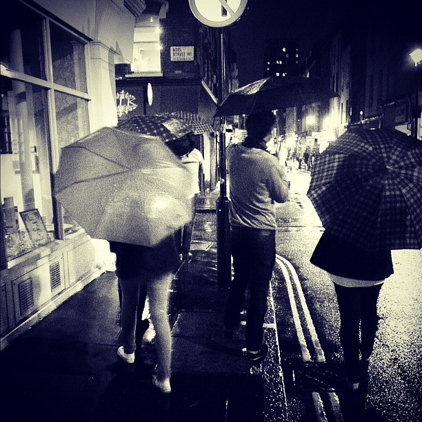 Umbrellas. #night #nightlife #people #street #soho #london #rain #bw