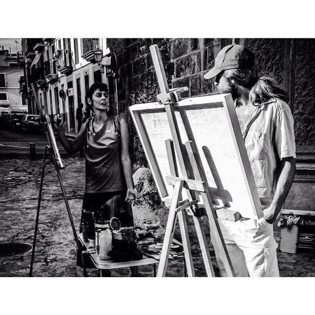 Those two.. They could paint each other for hours.. #palma #mallorca #spain #street #bnw_city #bnw_spain #bnw_europe #bnw_city_streetlife